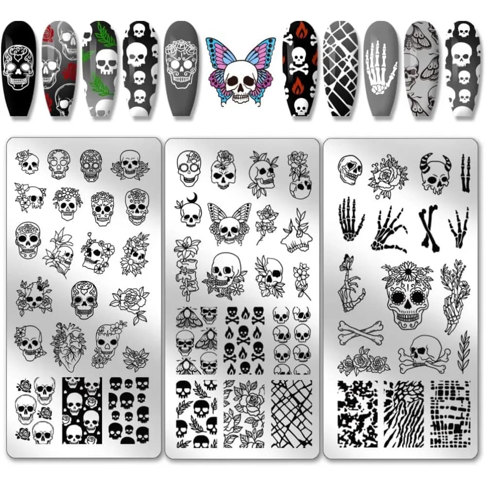 3 pz Teschio Gotico Nail Stamper 58 Modelli Horror Scheletro Fiore Nail Stamping Piastra Nail Art Stencil Unghie In Acciaio Inox