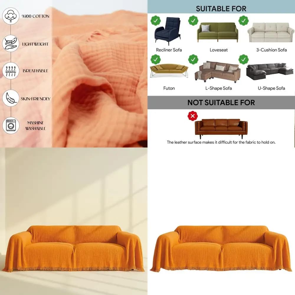 Copridivano Sezionale 100% Cotone, Adatto a Divani a L, Stile Boho a 4 Strati, Disponibile nelle Larghezze 71, 91, 102, Arancione (71x118/180x
