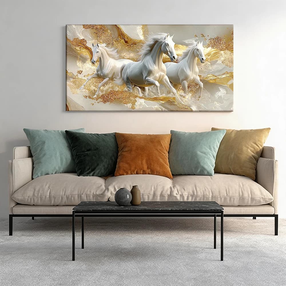 Painted on canvas with large wooden frame, 1 piece, Three white horses, golden motifs.