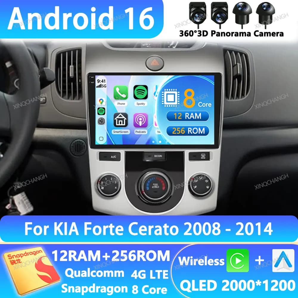 Android 16 Car Radio For KIA Forte Cerato 2008 - 2014 Navigation 4G WIFI QLED Multimedia Stereo Video Player BT 2DIN Head Unit