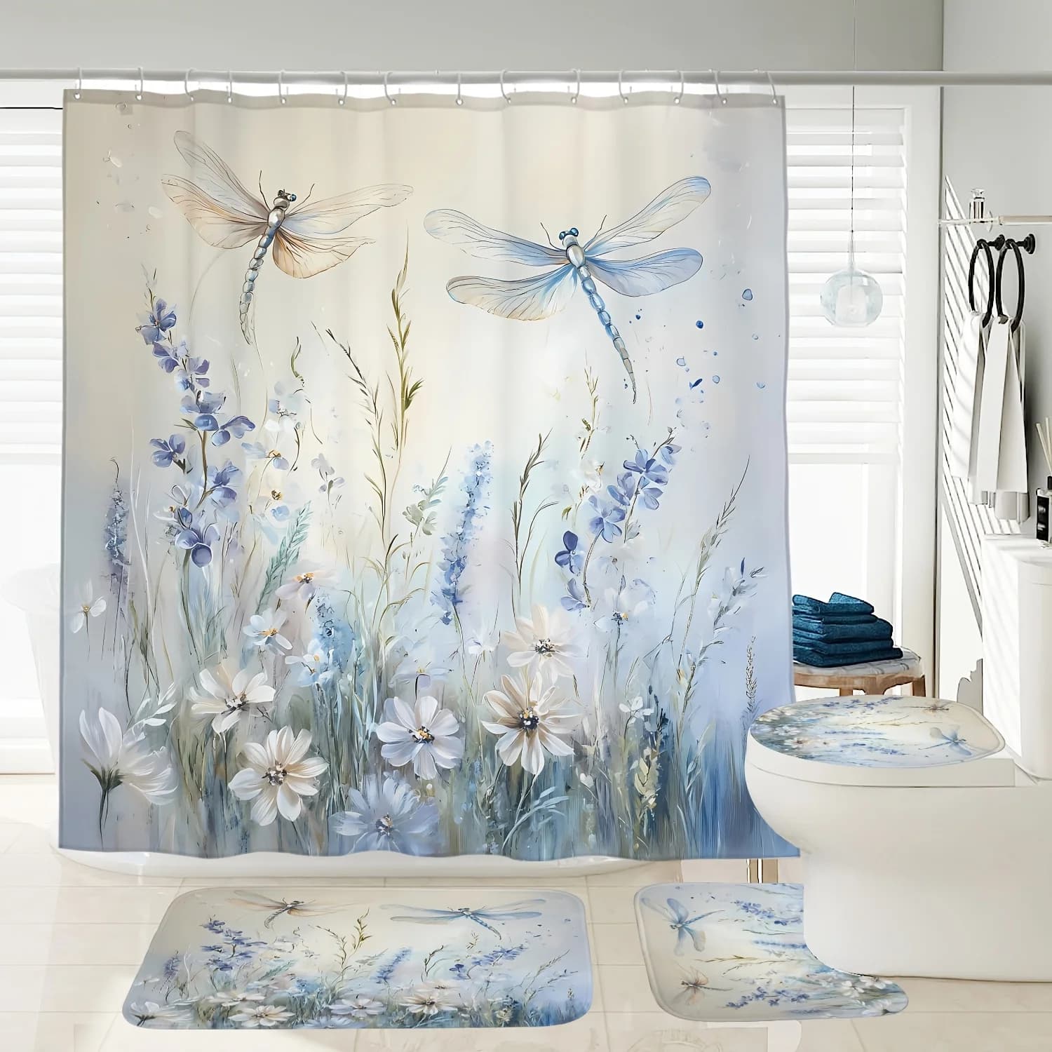 Elegant Dragonfly and Floral Bathroom 4-Piece Set: Shower Curtain, Bath Mat, Toilet Cover, Tank Cover – Serene Decor