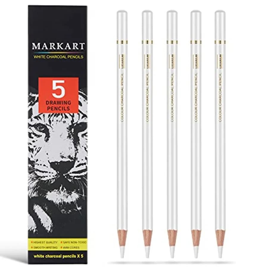 Professional White Charcoal Pencils Set, 5 Pieces Sketch Highlight Charcoal Pencils for Drawing, Sketching, Shading, Blending,