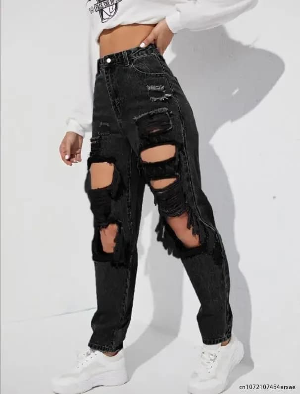 Pantaloni jeans strappati da donna High Street Denim Fashion Hole Washing Jeans a vita alta Pantaloni dritti in denim di cotone da donna