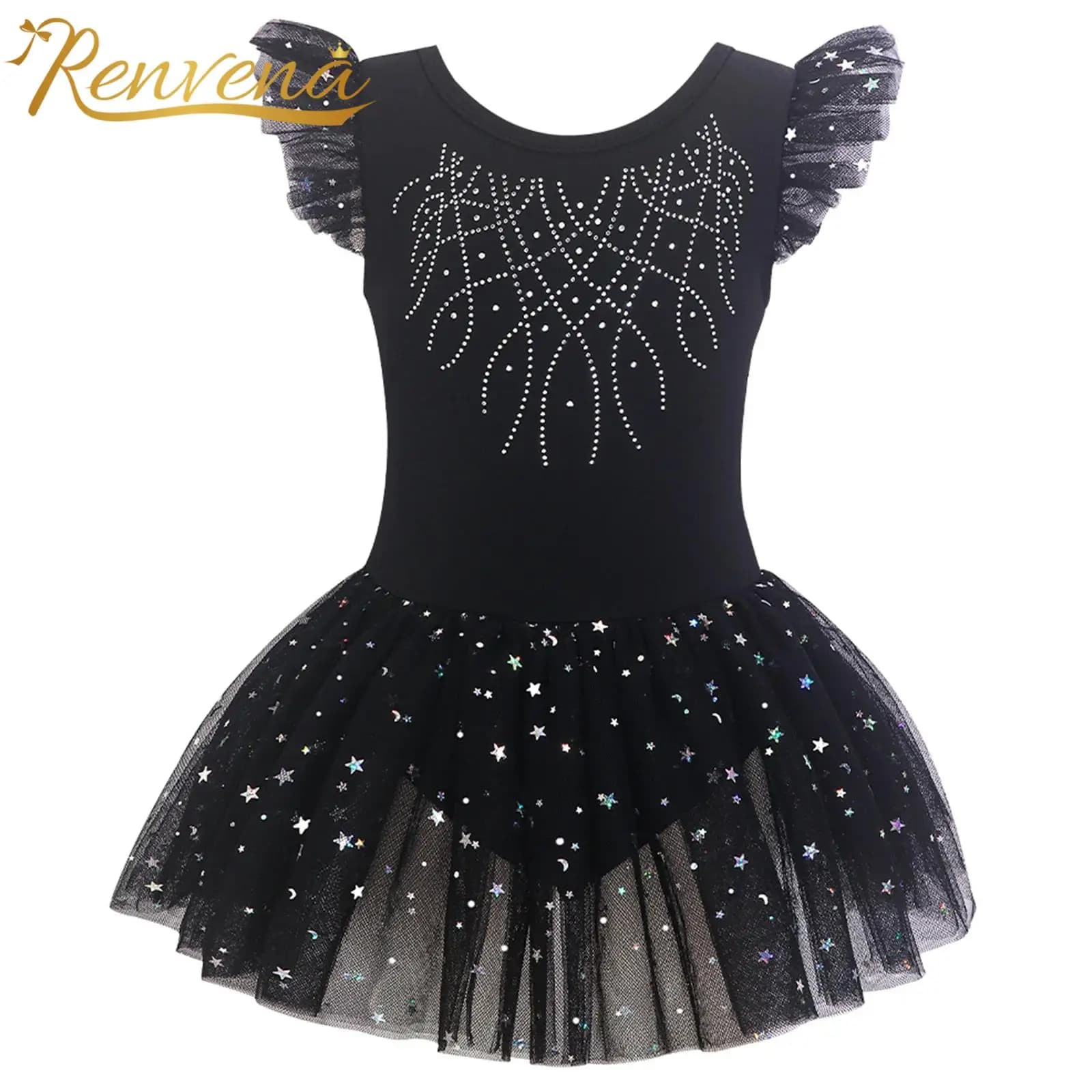 Girls Shiny Rhinestone Tutu Dress Figure Ice Skating Ballet Dance Dress Kids Stage Dancewear Mesh Patchwork Gymnastics Leotard