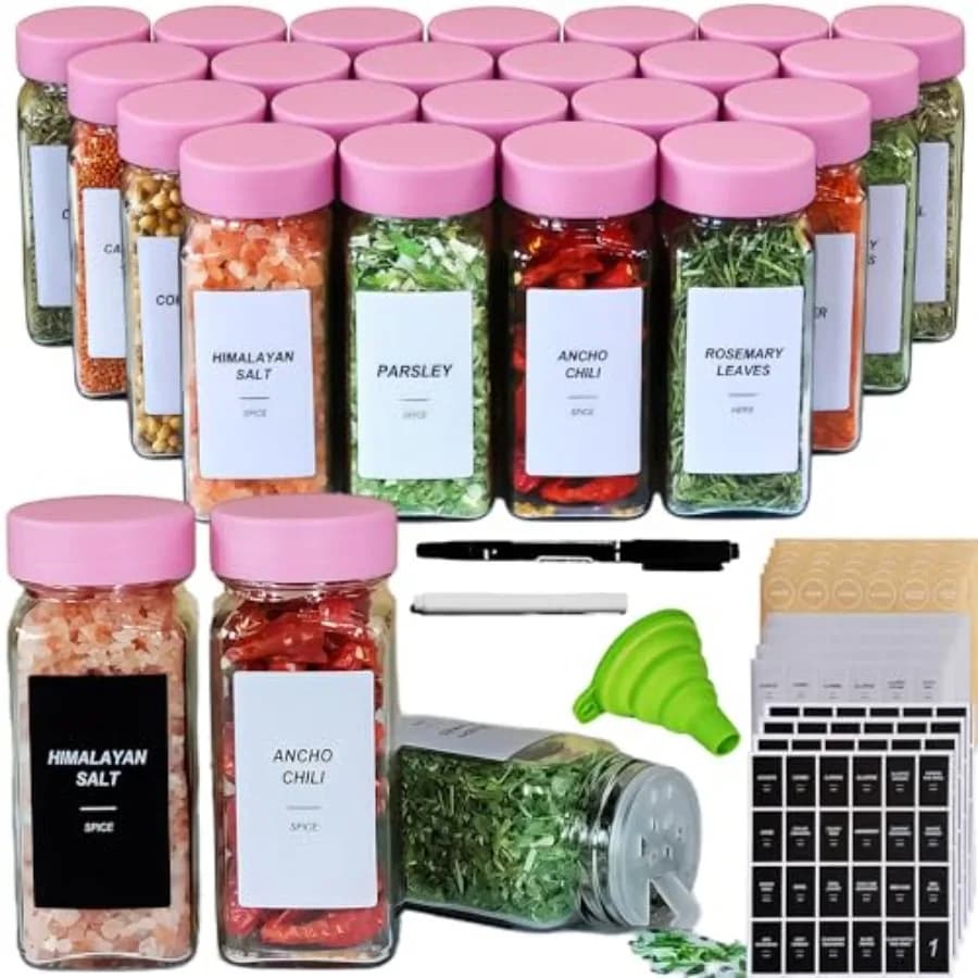 Barattoli in vetro per conservazione, barattoli in vetro per spezie con etichetta - Contenitori per spezie da 4 oz con coperchi e coperchi dosatori, 3 set di etichette per spezie, 1 contenitore pieghevole