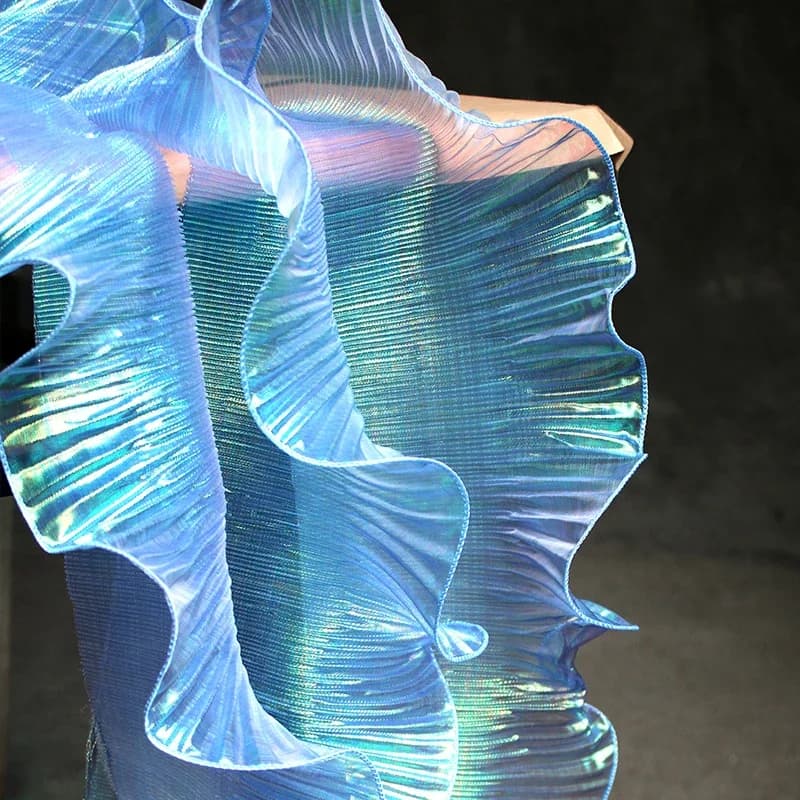 1 Yard Blue Lace Fabric Pleated Mermaid Effect Laser Neon Luster for Women Dress 15CM Wide