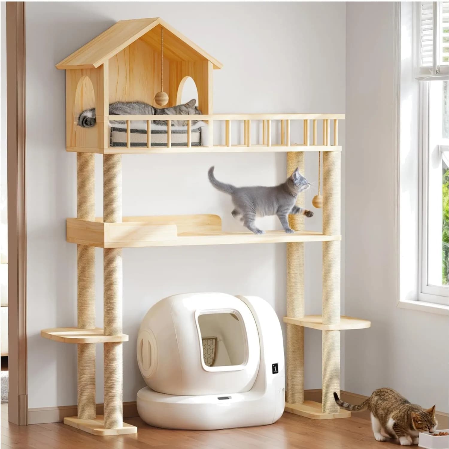 Torre per Gatti in Legno per Lettiera Automatica, Albero per Gatti Alto 153 cm per Auto-Pulizia