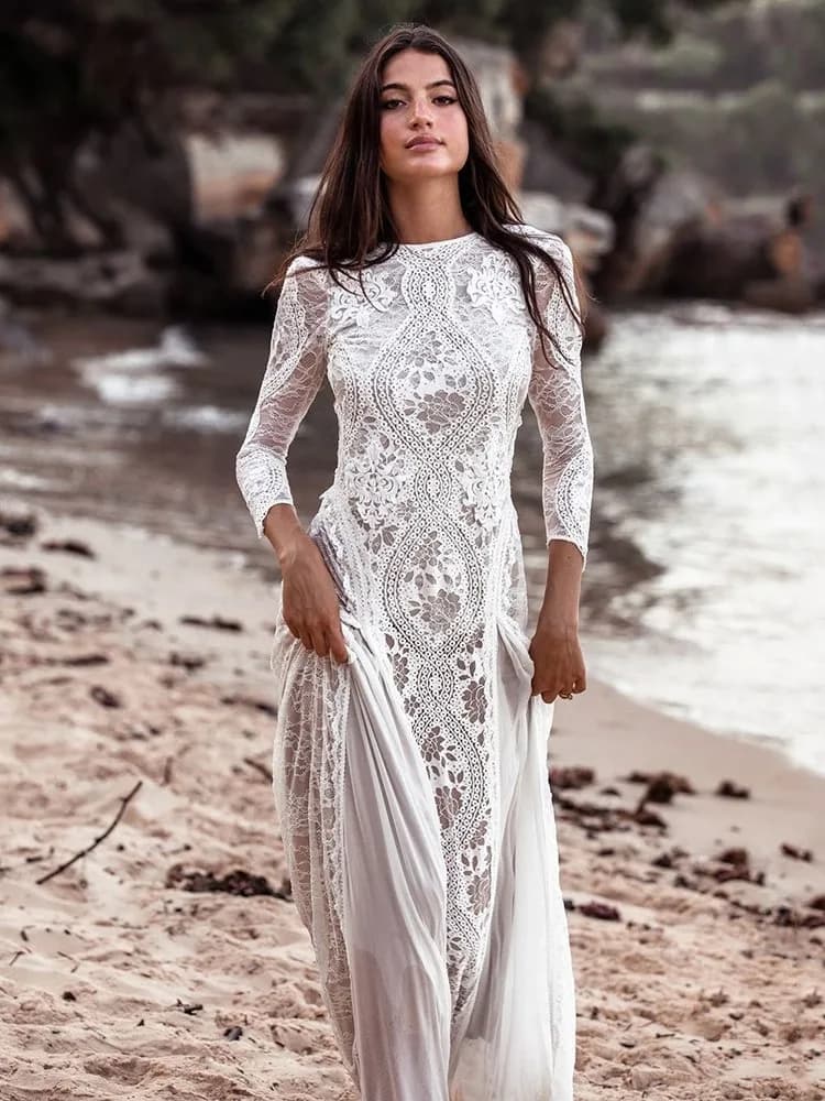 Abito da sera in stile straniero Abiti da sposa sexy senza schienale patchwork in pizzo da donna Abiti eleganti da ballo per feste a maniche lunghe