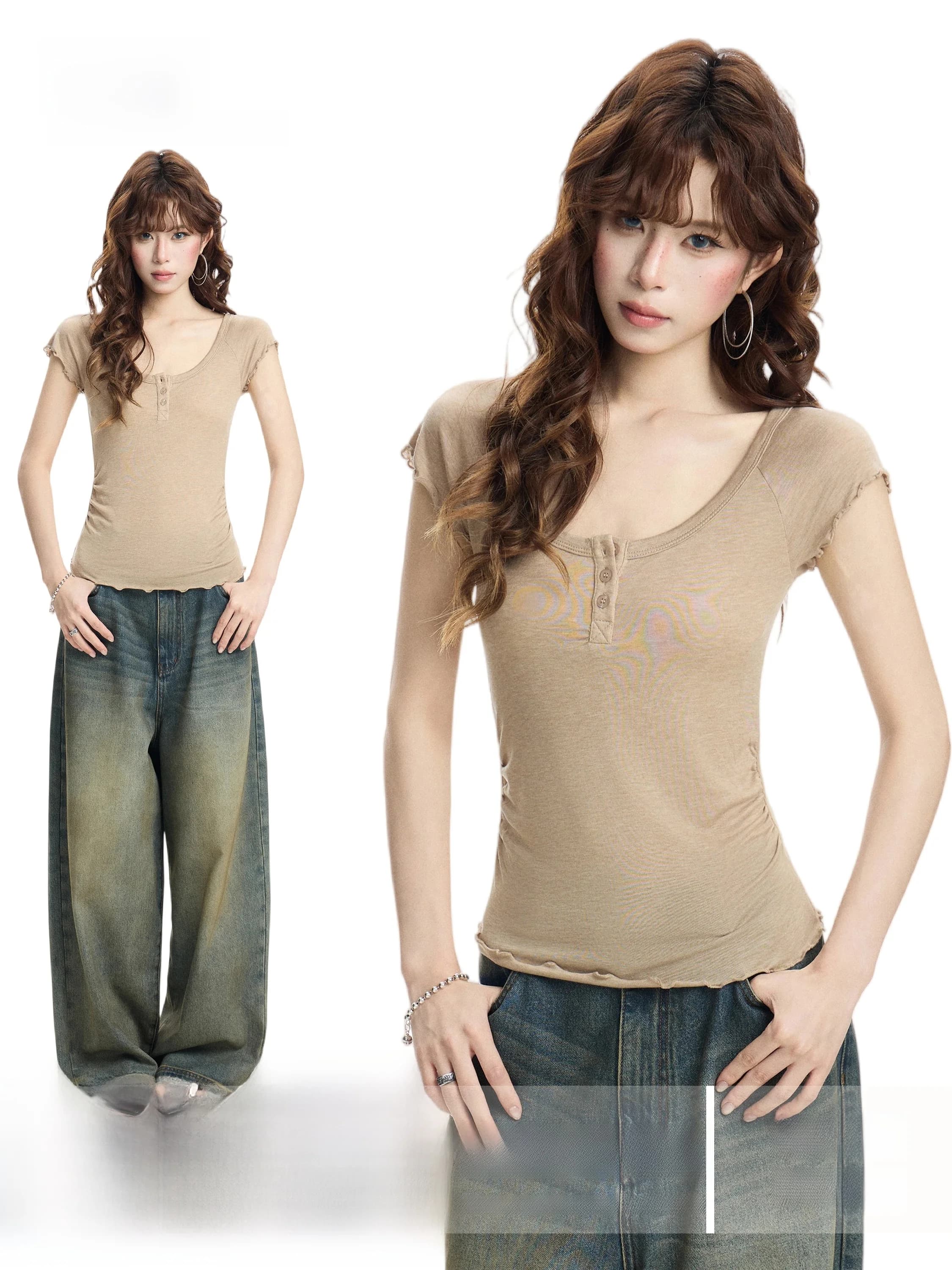Summer Short Sleeve U-Neck T-Shirt Women's Slim Fit Short Length Fashionable Design Korean Style Commute Wind Geometric Print
