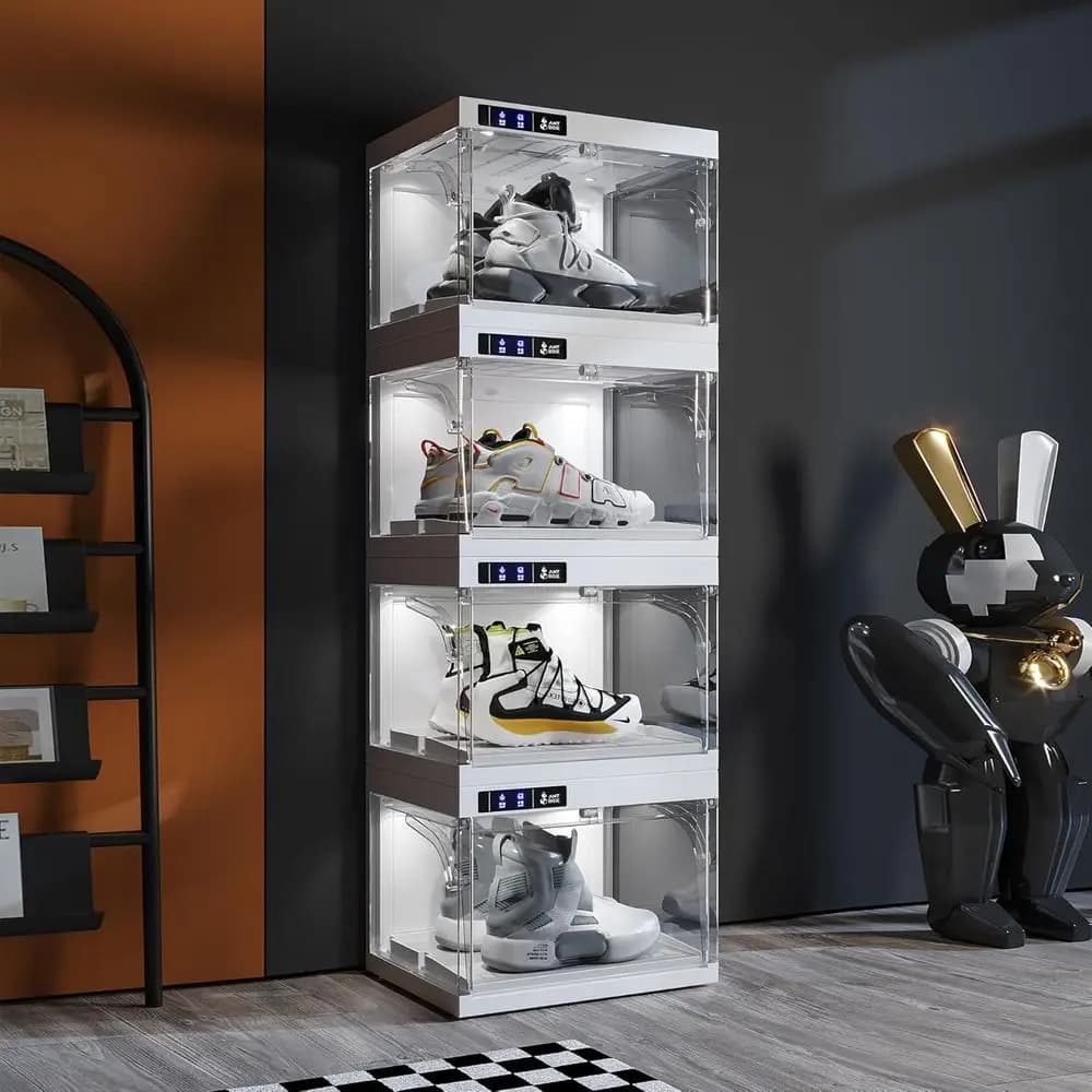 Intelligent LED Shoes Organizer, Stackable Transparent Boxes, Containers with Automatic Opening for Exposing and Collecting Sneaker (Feed 4) White