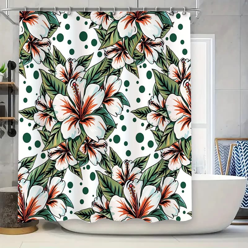 Tenda da doccia moderna con stampa floreale Decorazione da bagno impermeabile Opzioni di dimensioni personalizzabili per il miglioramento della casa Bianco con punto verde