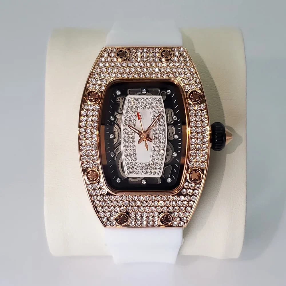 2025 Fashion Rose Iced Watch Women Casual Silicone Strap Dress Full Diamond AAA Tonnneau Quartz Watches For Ladies Dropshipping