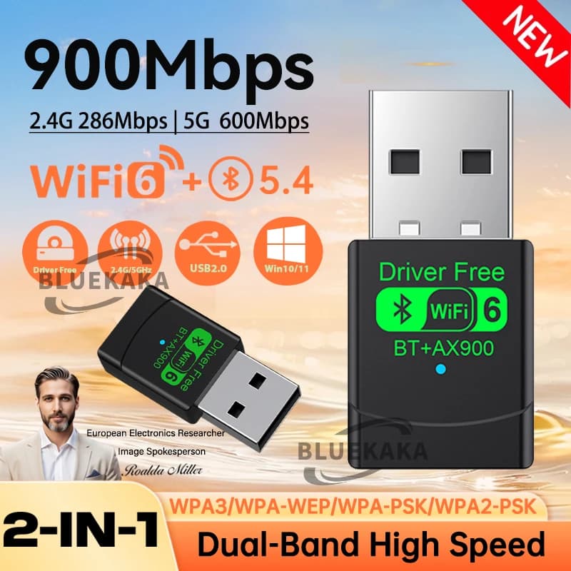 Nuovi aggiornamenti 2 in 1 Mini USB AX900 Wireless Bluetooth 5.4 Trasmettitore Ricevitore Adattatore WiFi 6 Dongle 900 Mbps Dual Band 2.4G + 5GHz per PC Laptop Win10/11 Driver Gratuito