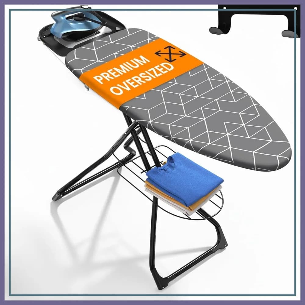 Asse da stiro extra larga 60" x 20" con ruote e supporto a parete, interamente in metallo, porta ferro da stiro integrato, copertura resistente al calore, per impieghi gravosi