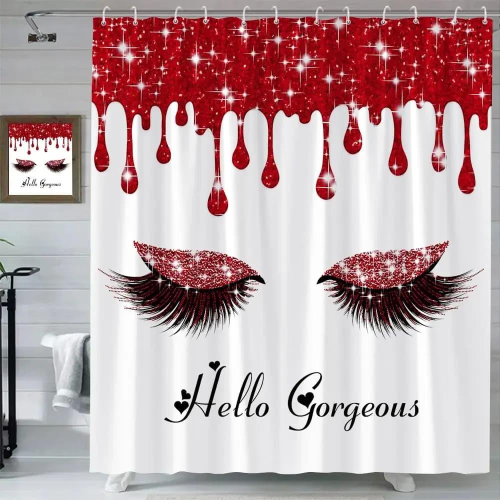 Tenda da doccia con motivo ciglia, alla moda, rosa, per ragazza, principessa, colorata, arte astratta, decorazione per bagno con ganci