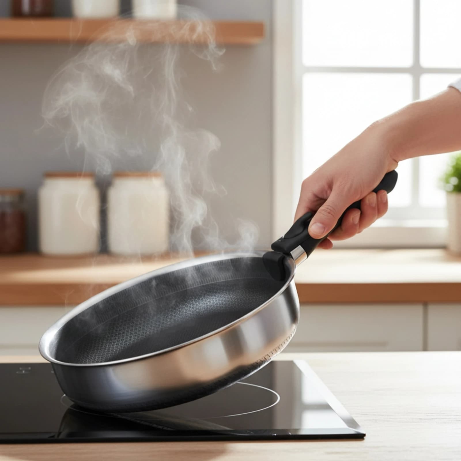 Padella con Manico Staccabile, Adatta per Induzione, Antiaderente, in Acciaio Inox, Fondo Piatto, Sicura per Piano Cottura