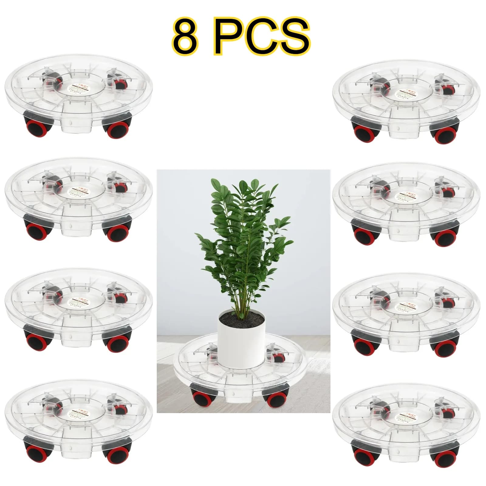 8 Pcs Heavy Duty Clear Plastic Plant Caddy with Wheels, Water Collection Plant Dolly Stand for Indoor Outdoor Large Potted Plants, Patio, Deck, Balcony & Garden