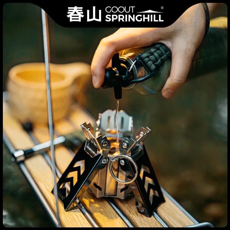 Goout Springhill Mini Stainless Steel Portable Alcohol Ring with Windscreen design lid and stove for outdoor camping trips