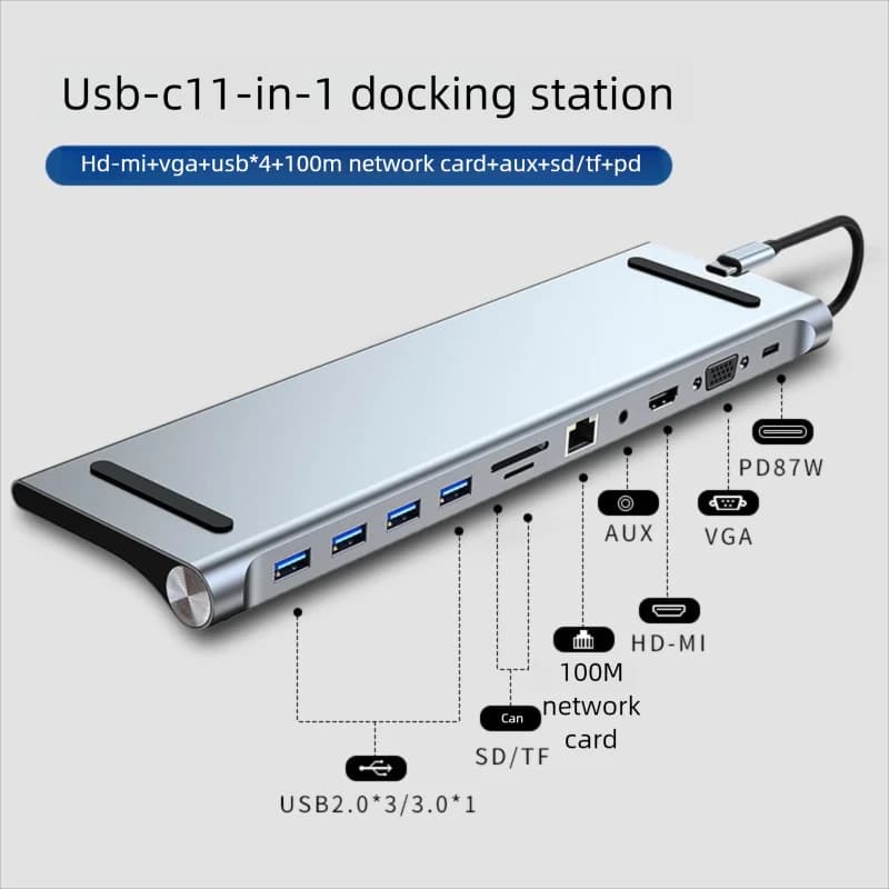 Docking Station USB C 11-in-1 con Hub Type-C, HDMI, VGA, Ethernet 100M, 4 Porte USB, Caricatore PD 87W per Laptop