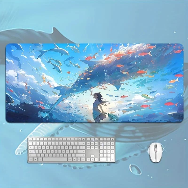 Tappetino per mouse da gioco esteso con stampa HD di un mondo sottomarino anime, base in gomma antiscivolo e bordi cuciti resistenti