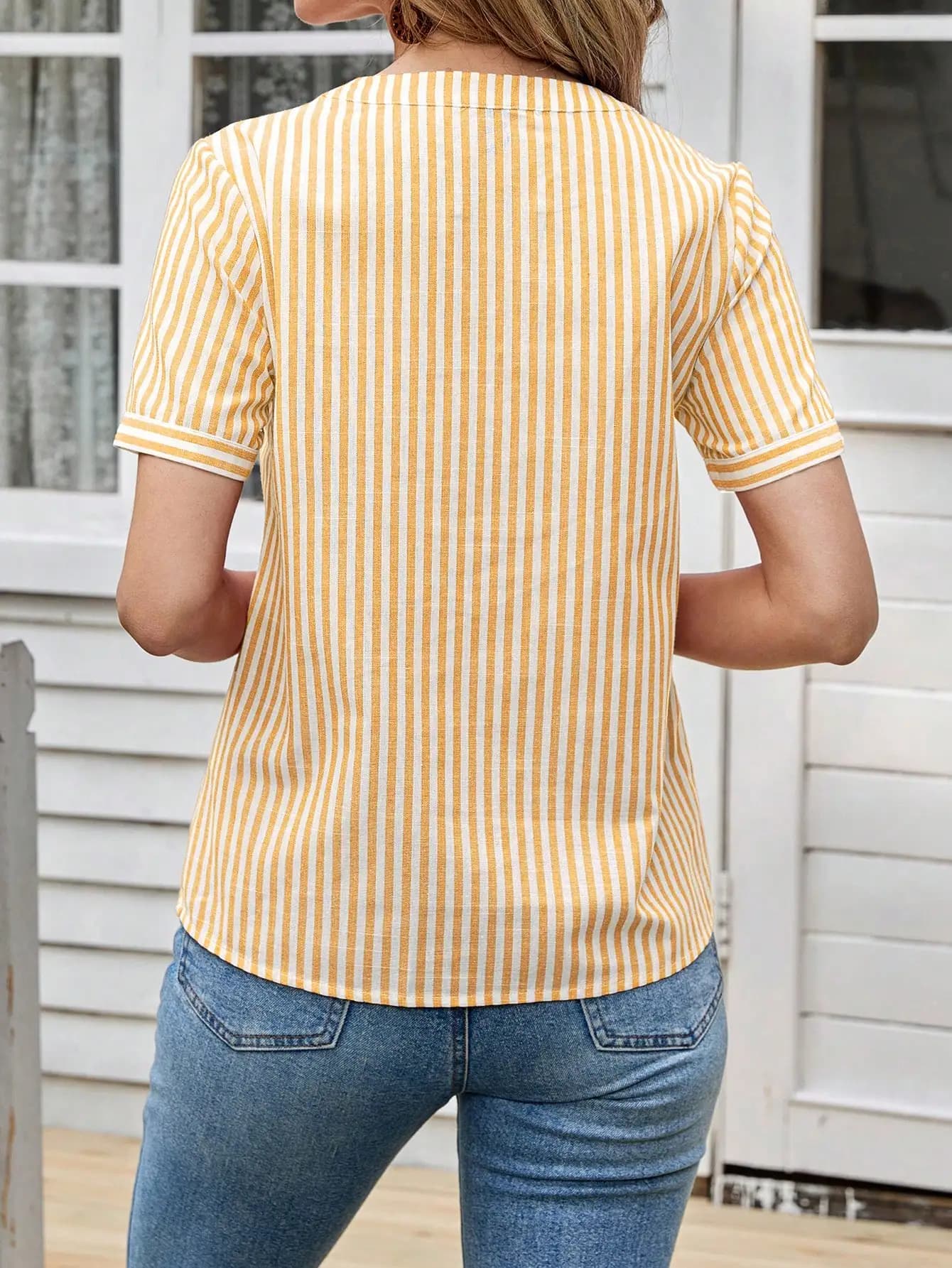 Women's Striped Notched Neck Casual Short Sleeve Blouse
