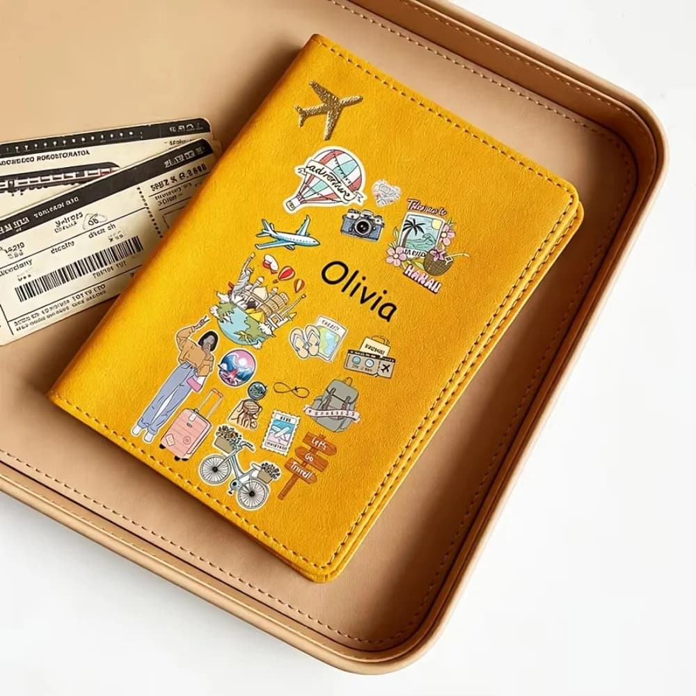Customizable Name & Text Fashion Passport Holder With Cartoon Pattern, Stylish Portable Travel Essential Passport Case