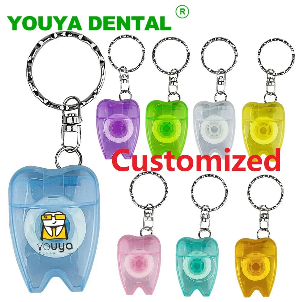 Portachiavi con filo interdentale da 100 pezzi con Logo portachiavi a forma di dente spazzolino interdentale bastone per la pulizia dei denti filo per denti da 15M personalizzato