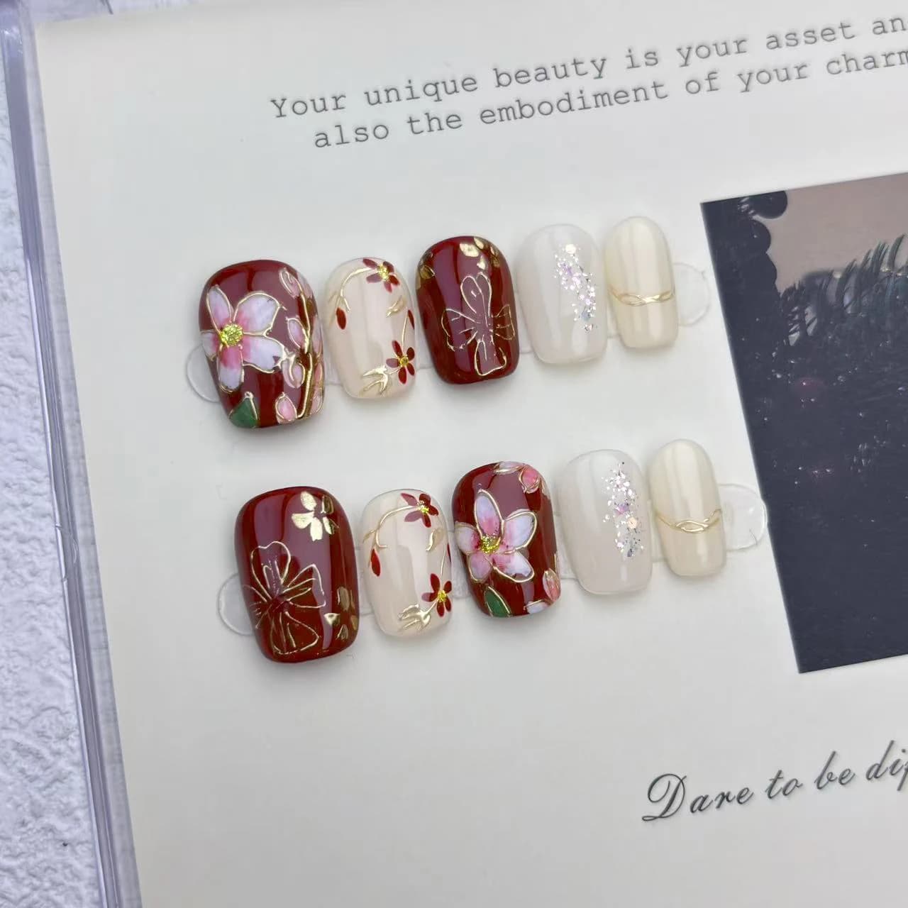 10 pcs. Short Square Fin Nails Handmade with Pressure Application, Full Cover, Floral Cat Eye Effect, Fresh and Delicate Style, Fin Nails in Ballerina, Inputable Manicure Tips