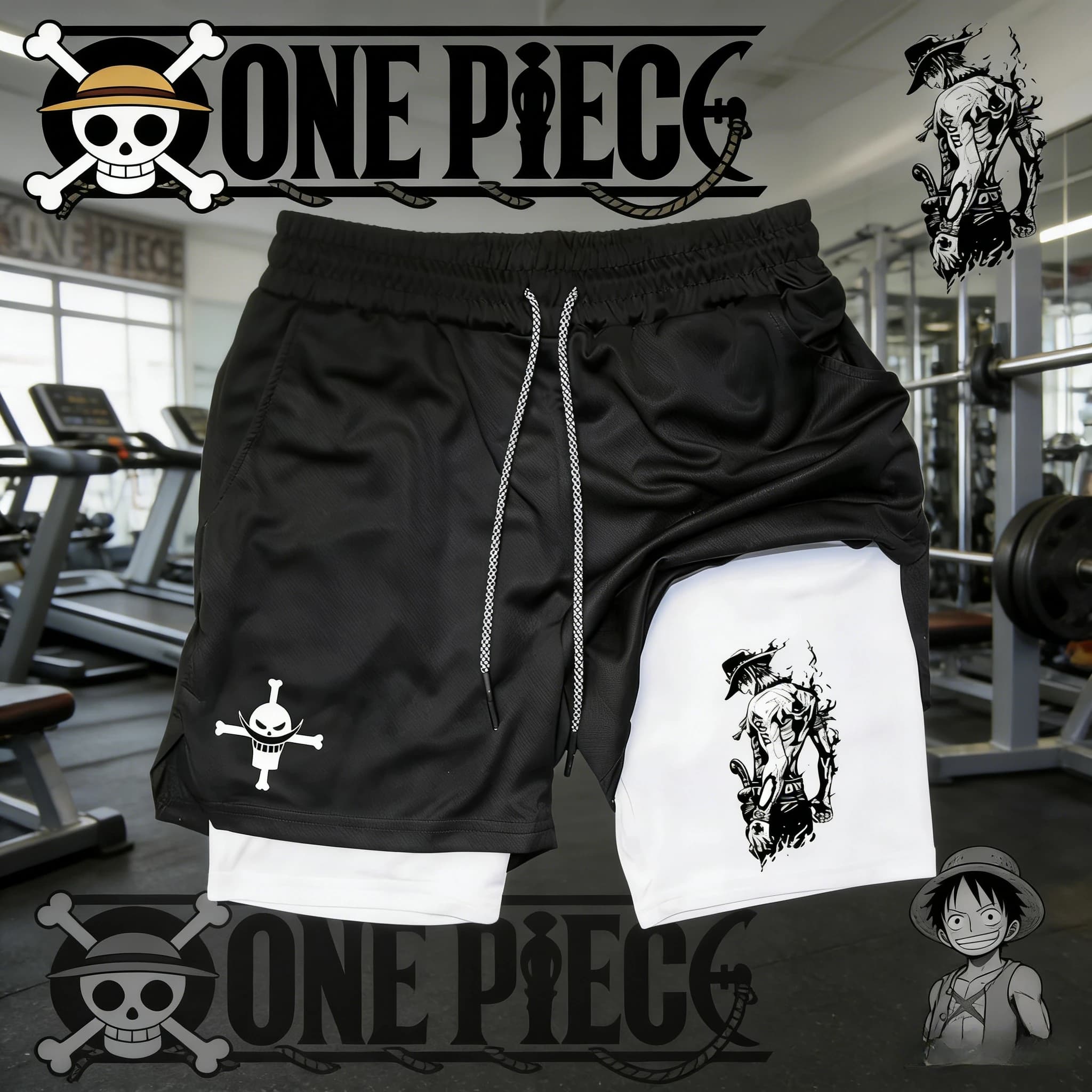 Pantaloncini Sportivi Estivi 2026 One Piece Retro a Doppio Strato da Uomo con Stampa Portgas D. Ace Barbanera Jolly Roger per Adulti
