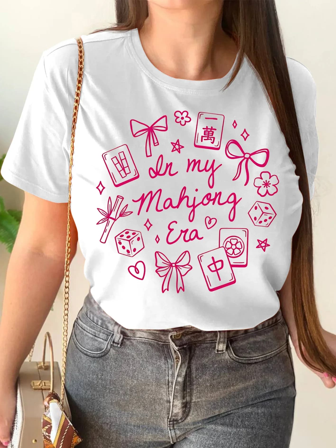 In My Mahjong Era Womens Crew Neck Short Sleeve T Shirt Cute Bow Mahjong Tile Dice Casual Graphic Tees For Ladies Daily Wear