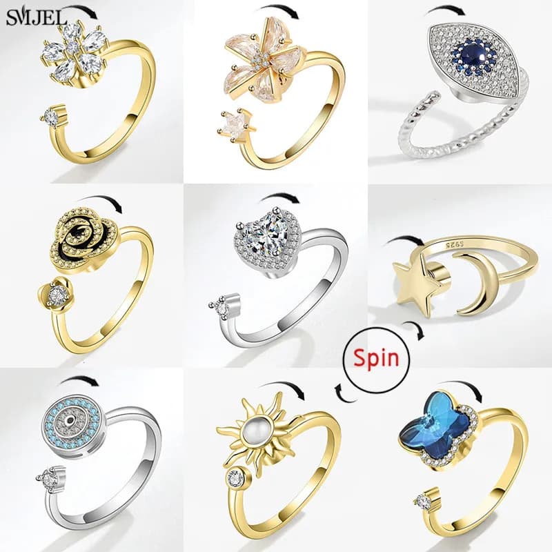 Anello Antistress di Lusso con Rosa Rotante per Donne, Anello Girevole con Ciondolo a Cuore, Anelli Aperti Regolabili con Stella e Luna, Bague Antistress