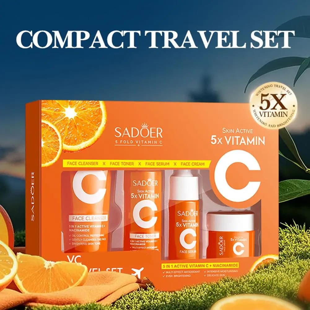Vitamin C Skincare 5pcs Set Moisturizing Face Cream Toner Cleanser and Serum Essence Travel Portable Refreshing Rejuvenate New