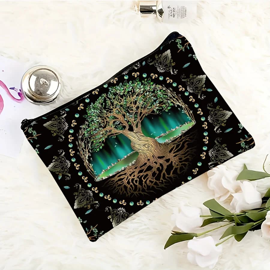 Borsa per cosmetici con motivo albero della vita, graziosa borsa multifunzionale con cerniera, borsa per riporre gioielli.