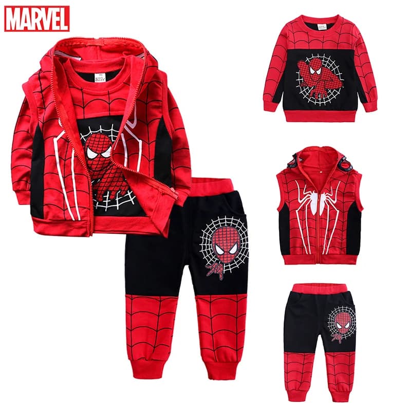 Marvel Spiderman Cartoon Print 3 pz/set Costume autunno bambini ragazzi senza maniche gilet con cappuccio t-shirt pantalone tuta abiti per bambini