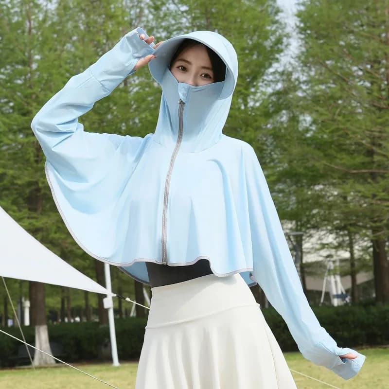 Ice Silk Hooded Sun Protection Jacket for Women Summer Large Brim UV Blocking Breathable Outdoor Sports Cycling Cover Up