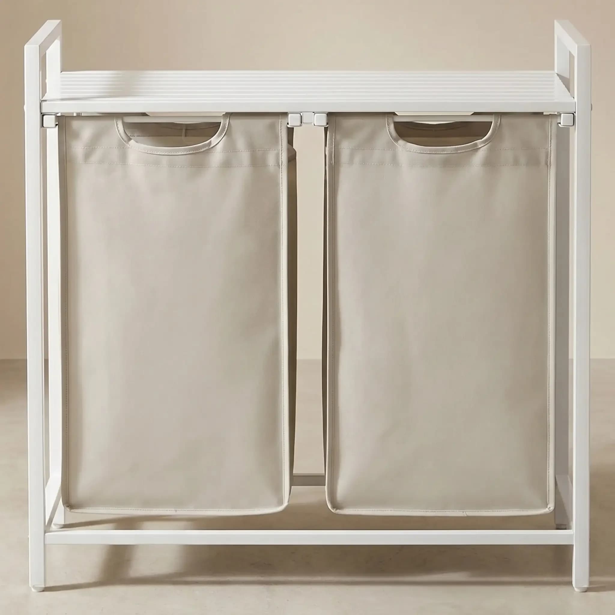 2-Bag Laundry Sorter with Storage Shelf in Cream and Cloud White