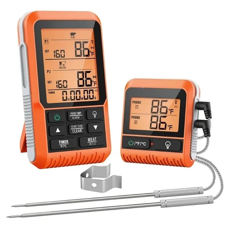 Termometro Digitale TP826B con Retroilluminazione, 2 Sonde per Carne, Portata Wireless 150M, per Barbecue e Cucina