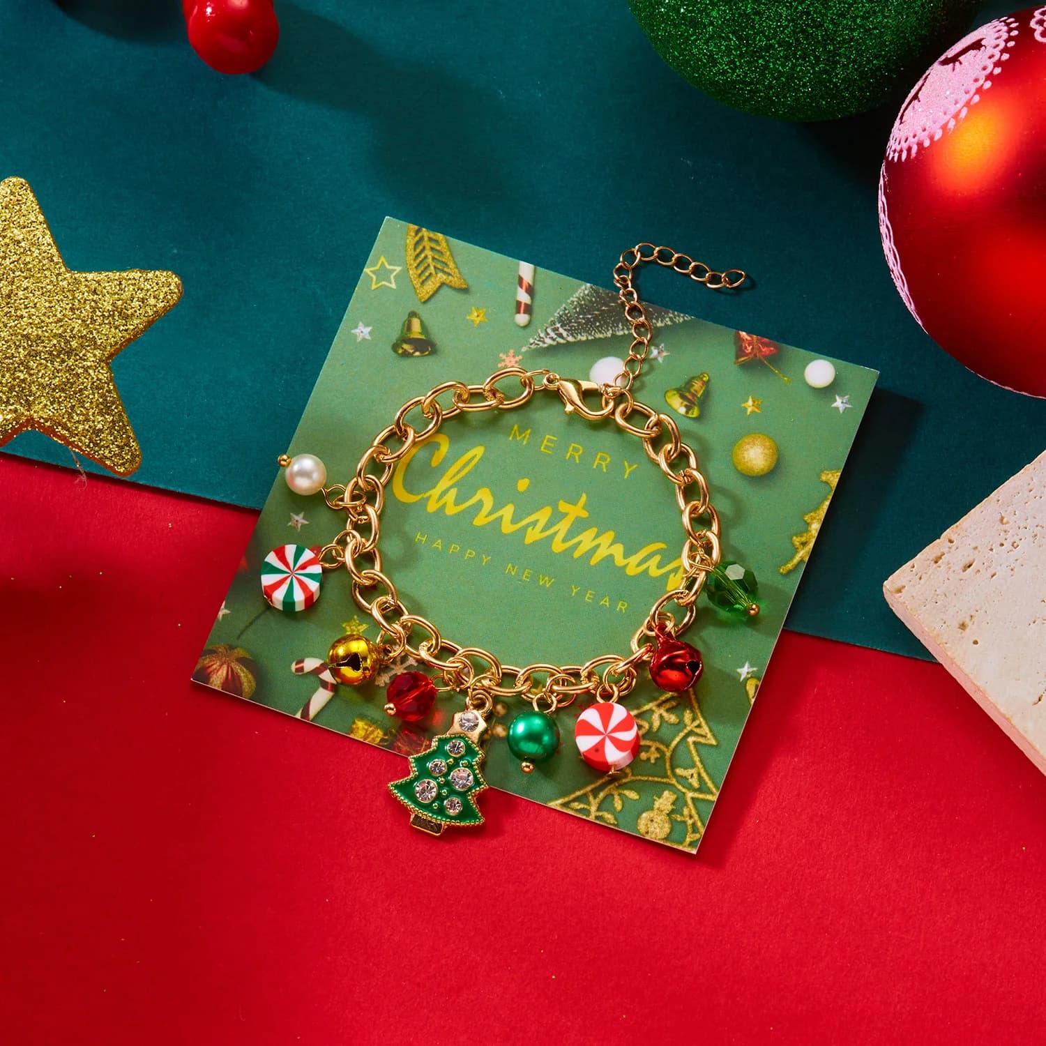 Christmas Tree Bell Zircon Bracelet for Women Men Cartoon Santa Wreath Elk Snowman Glove Paper Card Chain New Year Jewelry Gift