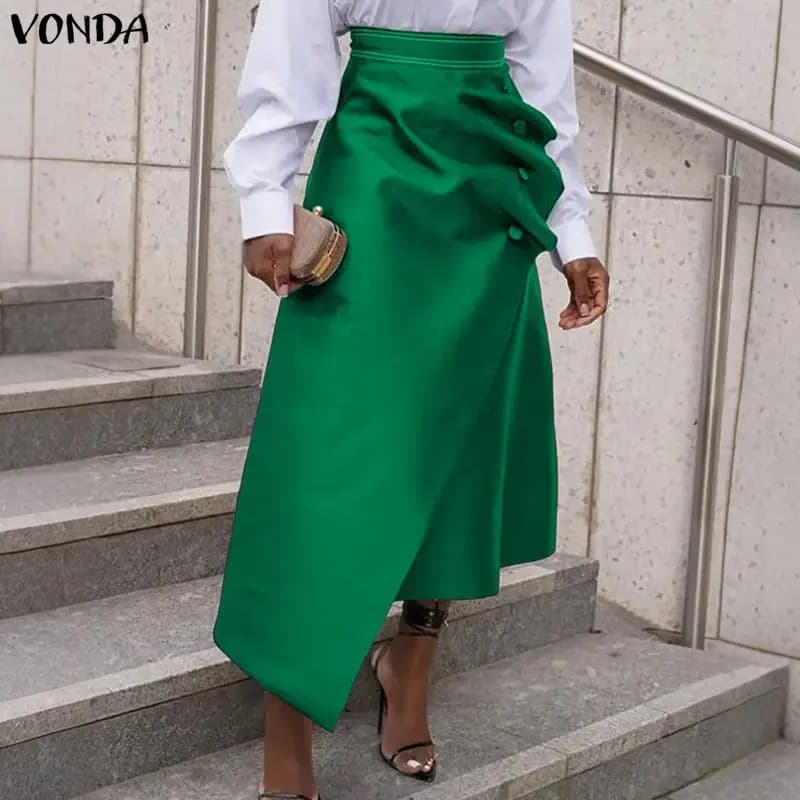 VONDA Plus Size 5XL Donne Eleganti Gonne di Raso A Vita Alta Pulsante Pieghettato Asimmetrico Maxi Jupes Moda Solido Lungo Faldas Saia