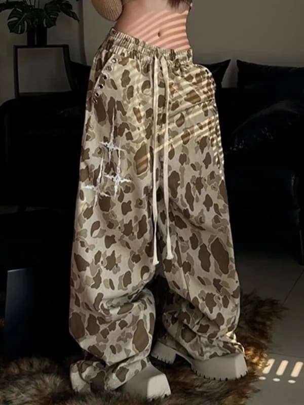 plus Size Women's American Hip Hop Street Style Leopard Print Belted Wide Leg Pants Casual Trousers for Heavy Girls up to 300...