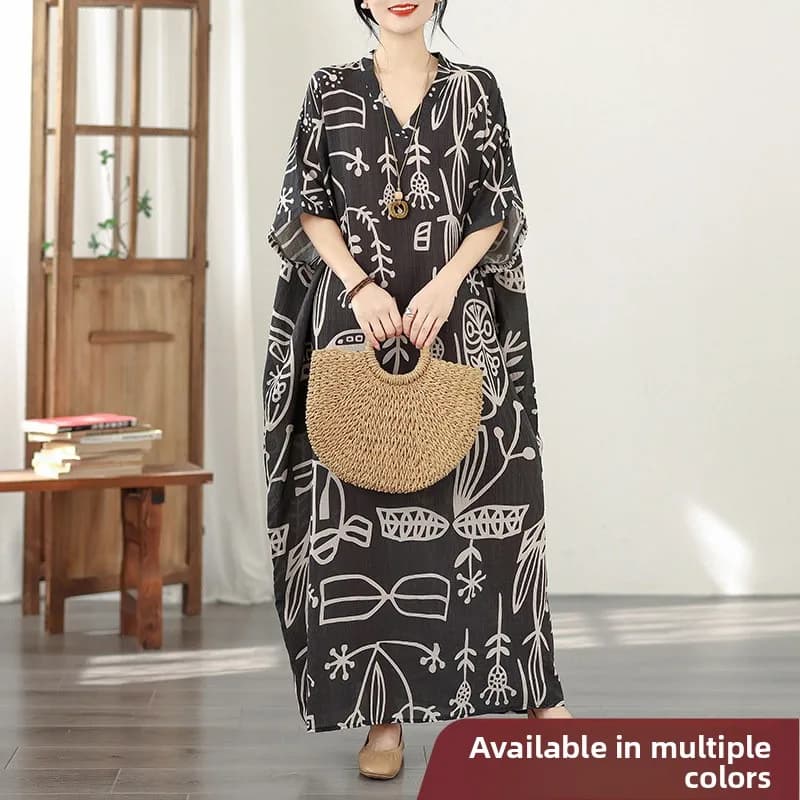 Summer Floral Vacation Style Travel Long Dress V-Neck Retro Cotton Linen Dress plus Size H-Shape Commute Wear