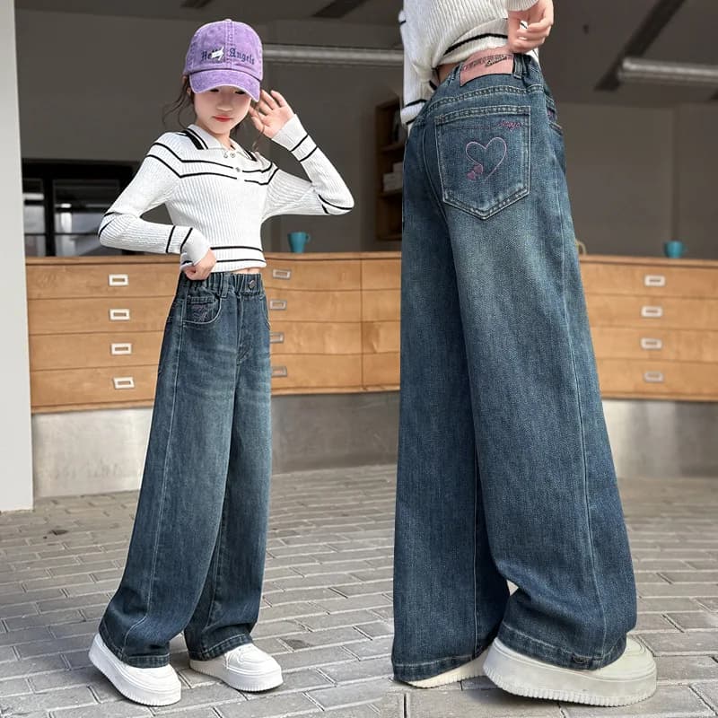 Jeans a gamba larga alla moda per ragazze, pantaloni lunghi a vita alta con elastico e tasche a cuore, per primavera e autunno