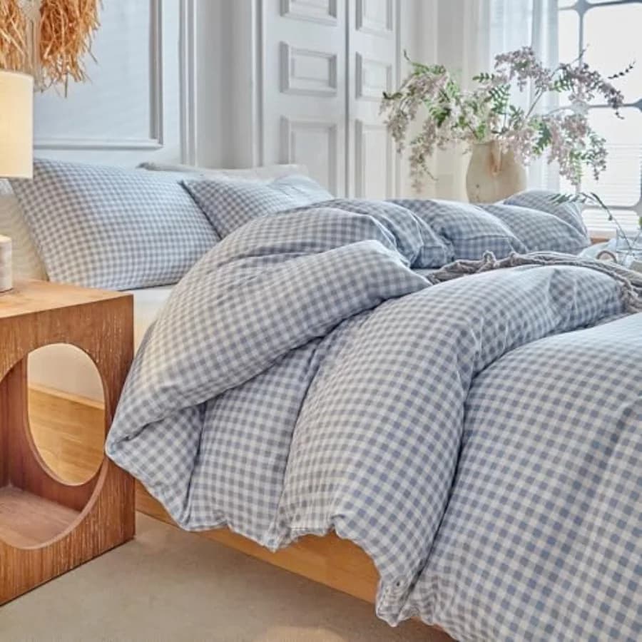 Set Copripiumino a Quadri - Set Copripiumino Blu a Scacchi in Microfibra Lavata, 3 Pezzi, Morbido e Reversibile, Set Biancheria da Letto Blu