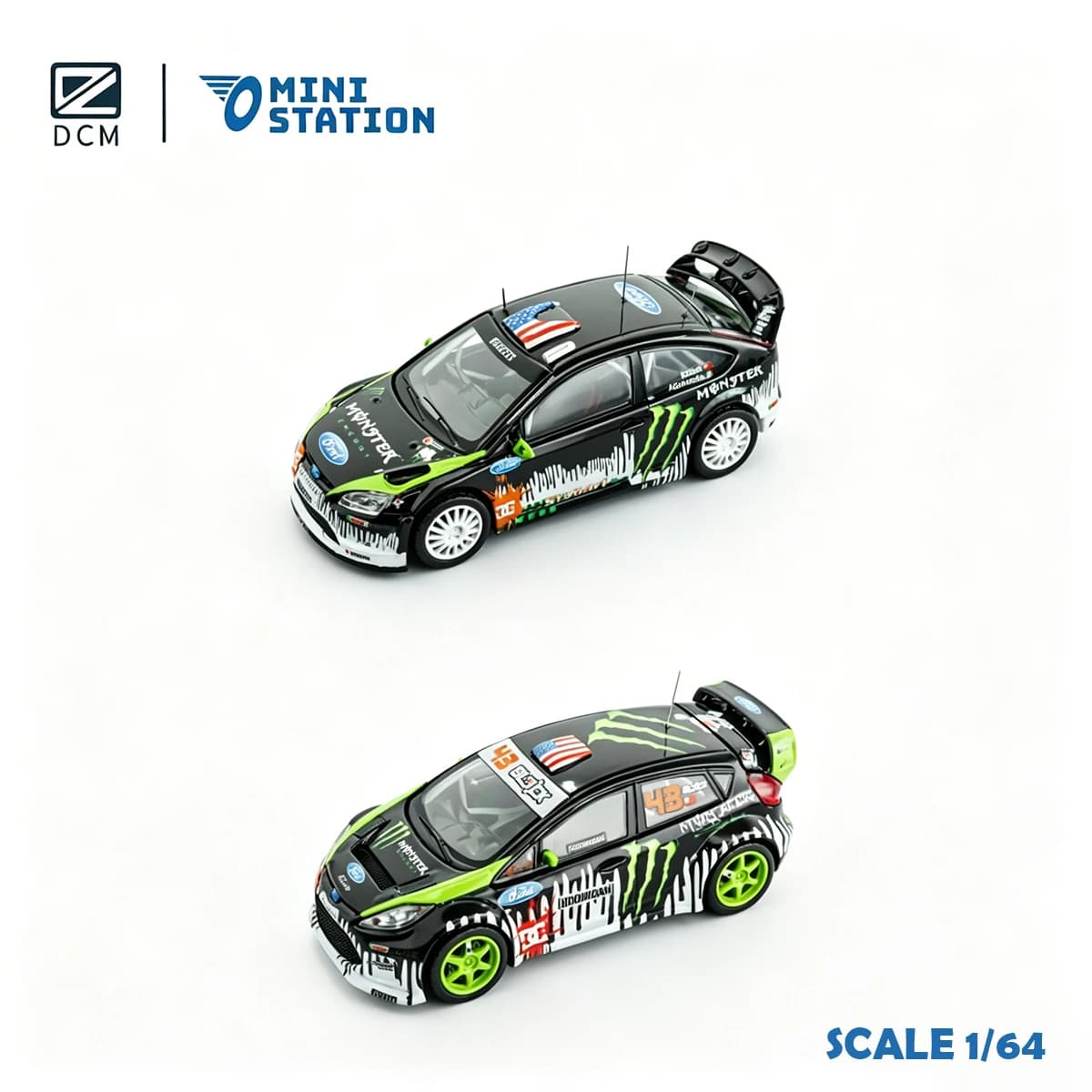 DCM × Mini Station 1:64 Ken Block Rally Set Ford Focus/Fiesta Energy Drink Themed Livery Diecast Model Car In Stock