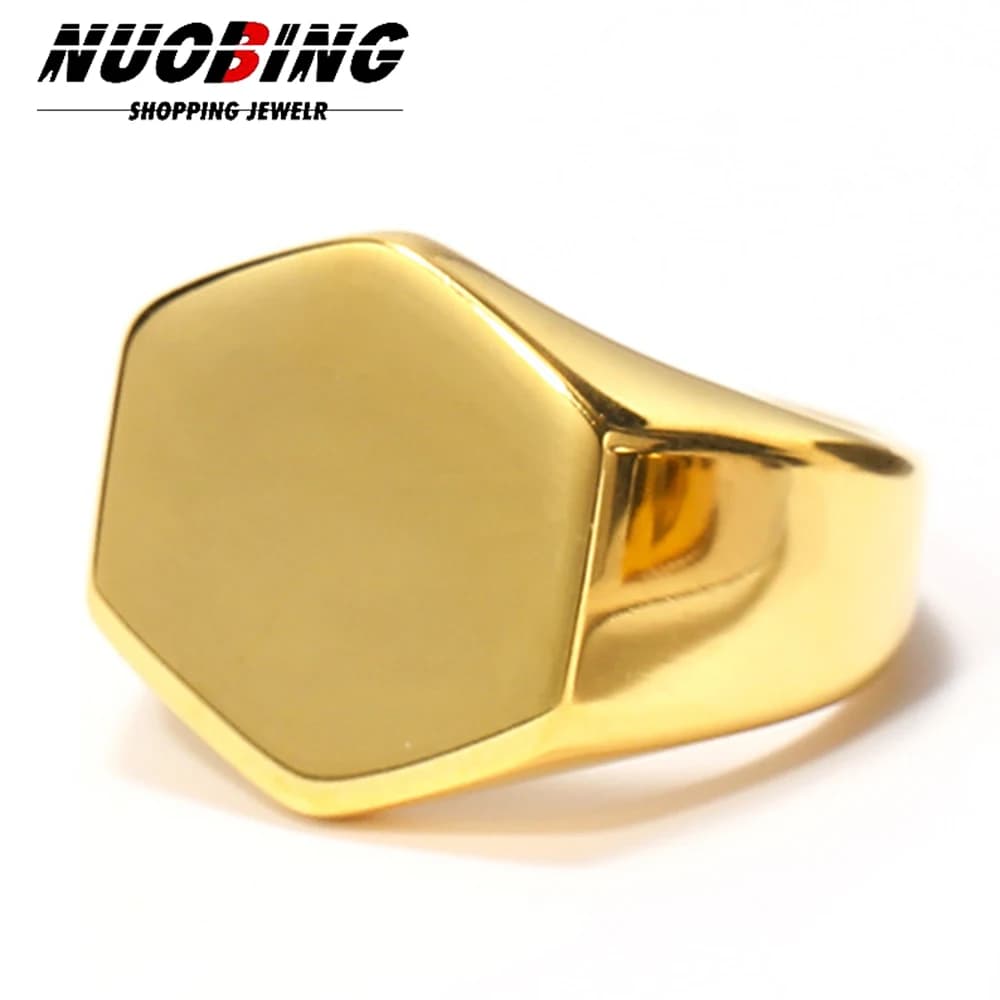 2025 New 12.5mm Creative Style 316L Stainless Steel Golden Hexagon Ring Gothic Punk Rock Boy Stamp Jewelry Gift