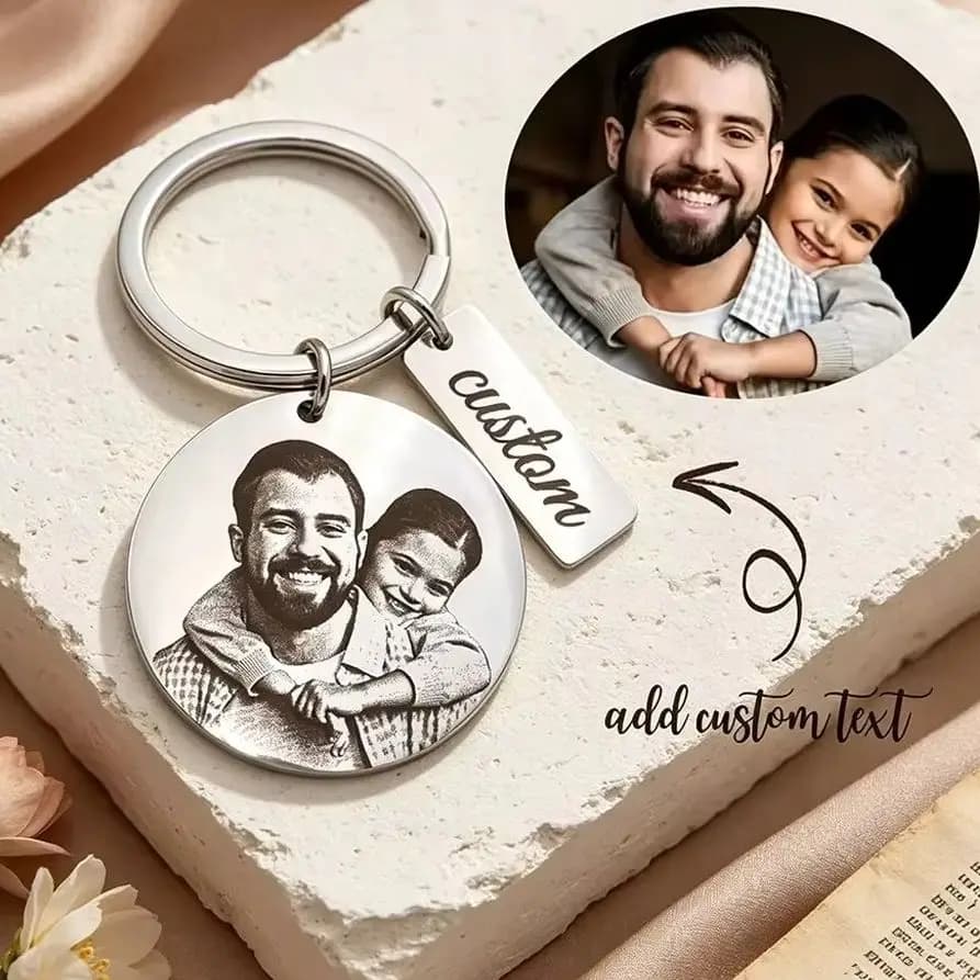 Customize Round Laser Engraved Real Photo Keychain Family Portrait Personalized Stainless‑Steel Keychain Perfect Gift For Father