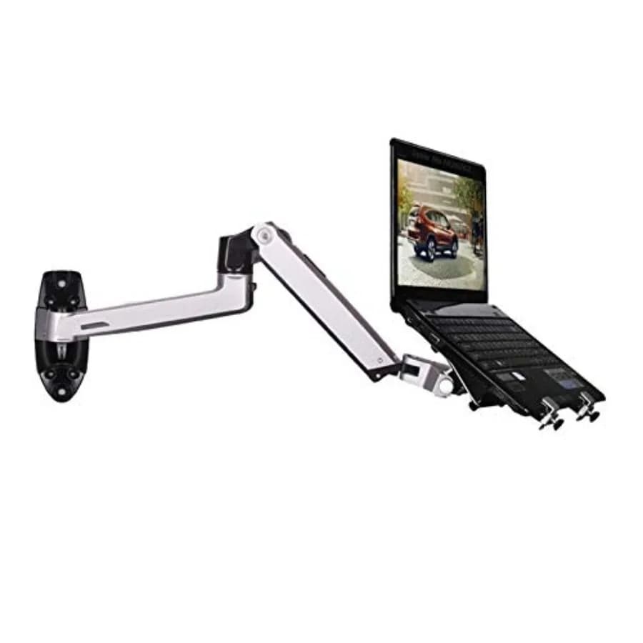 Supporto da parete per laptop per uso ufficio, in lega di alluminio bianco, braccio meccanico a molla completamente orientabile con altezza e angolazione regolabili.