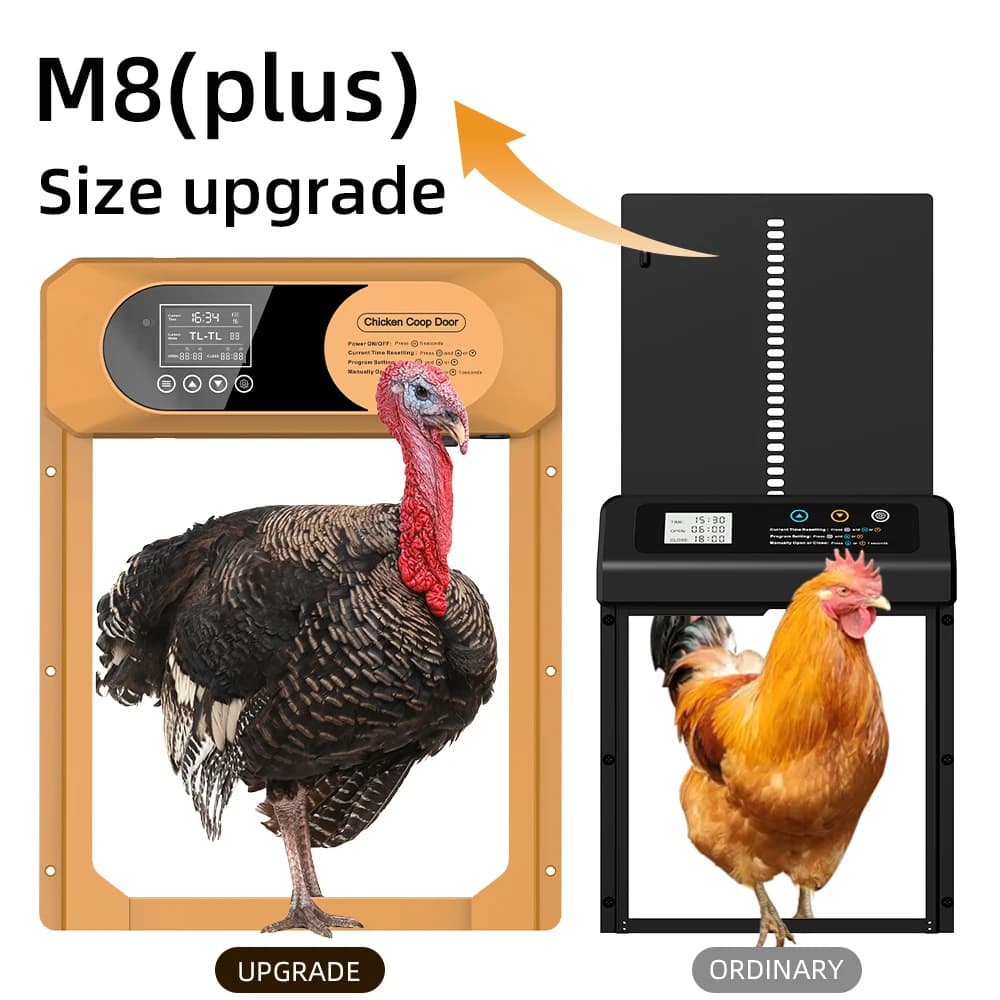 Automatic chicken coop door, anti pinch protection, large LCD display screen, timer and light sensor mode, solar powered automat