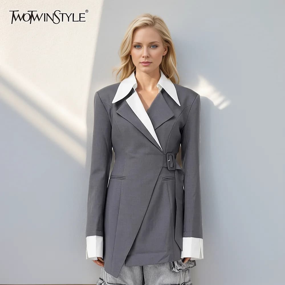 TWOTWINSTYLE elegante Blazer con cintura impiombata Casual per donna Blazer tascabile con Patchwork a maniche lunghe con colletto dentellato donna