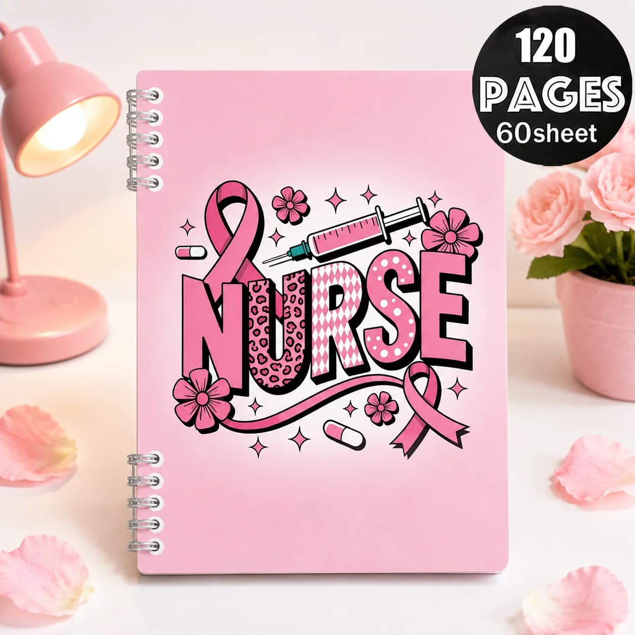 Pink Nurse Spiral Notebook 120 Pages Cute Medical Journal Planner for Nursing Students, Women, School & Office Gift